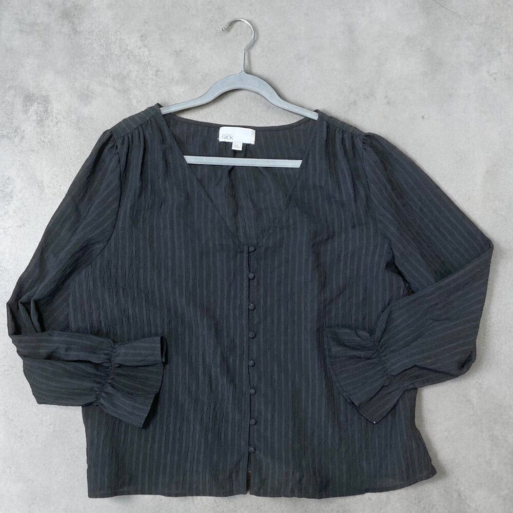 Nordstrom Rack Plisse Blouse 1X Black Ruffle Cuff Button Up V-Neck Goth Top EUC